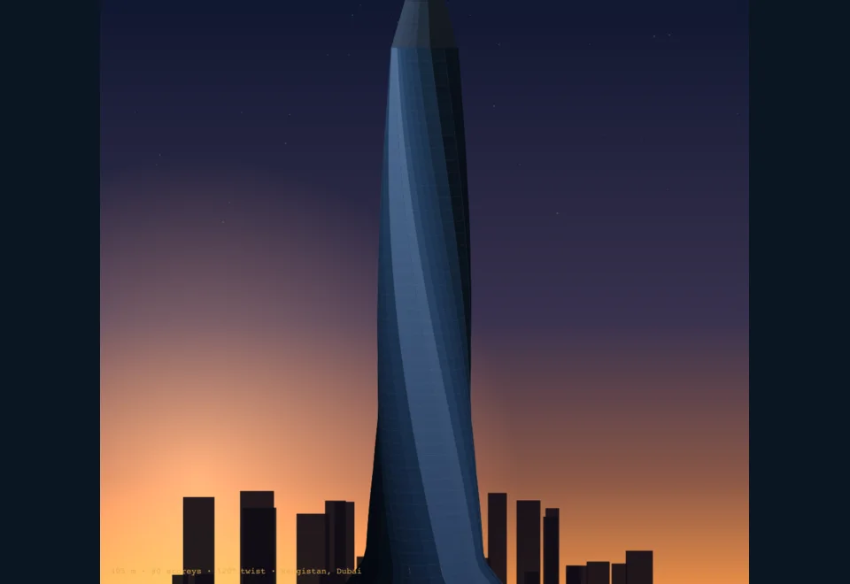 Twisting glass supertall tower at dusk above the city skyline
