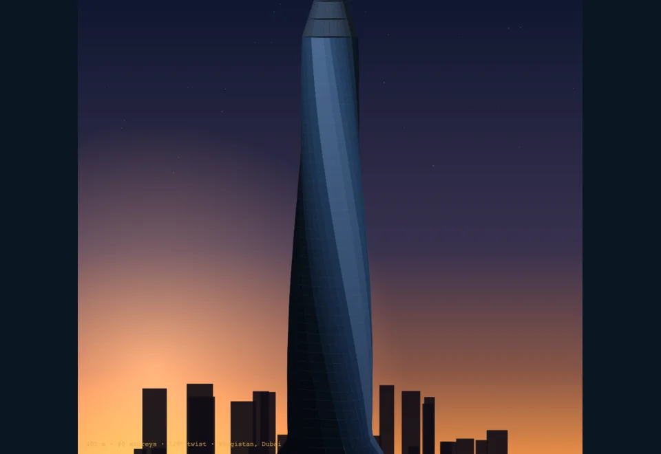 Side elevation of the tapering, twisting tower