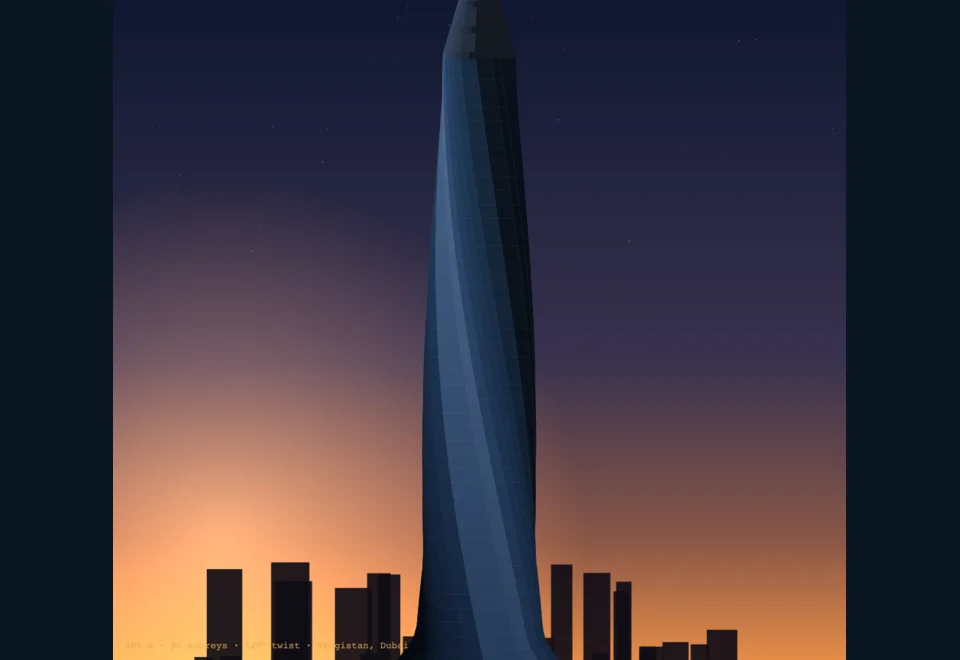 Low-angle view of the tower against the dusk sky